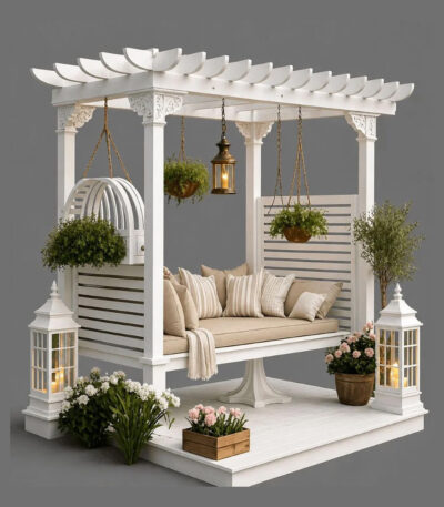 Beyaz Ahşap Pergolalı Bahçe Salıncağı – özel üretim ahşap pergola
