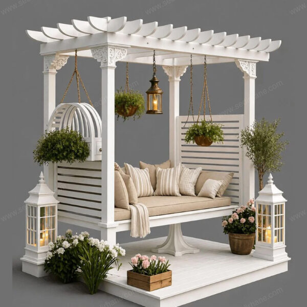Beyaz Ahşap Pergolalı Bahçe Salıncağı – özel üretim ahşap pergola