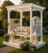 Beyaz Ahşap Pergolalı Bahçe Salıncağı – ahşap pergola detay görünümü 4
