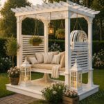 Beyaz Ahşap Pergolalı Bahçe Salıncağı – ahşap pergola detay görünümü 4