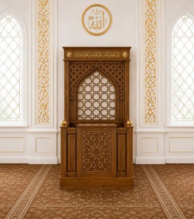 Ahşap Mihrap Kürsüsü – Oyma Desenli Cami ve Mescit Kürsüsü – özel üretim özel üretim ahşap raf