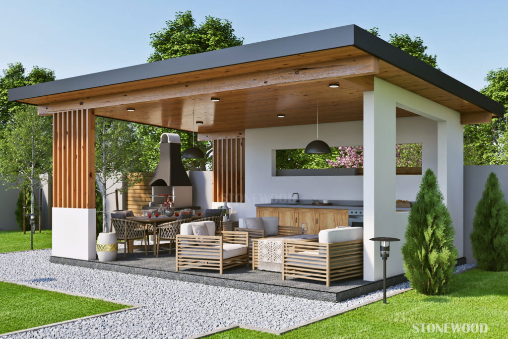 Modern Ahşap Kamelya – Stonewood Sütun 3,5 × 6 – özel üretim ahşap pergola