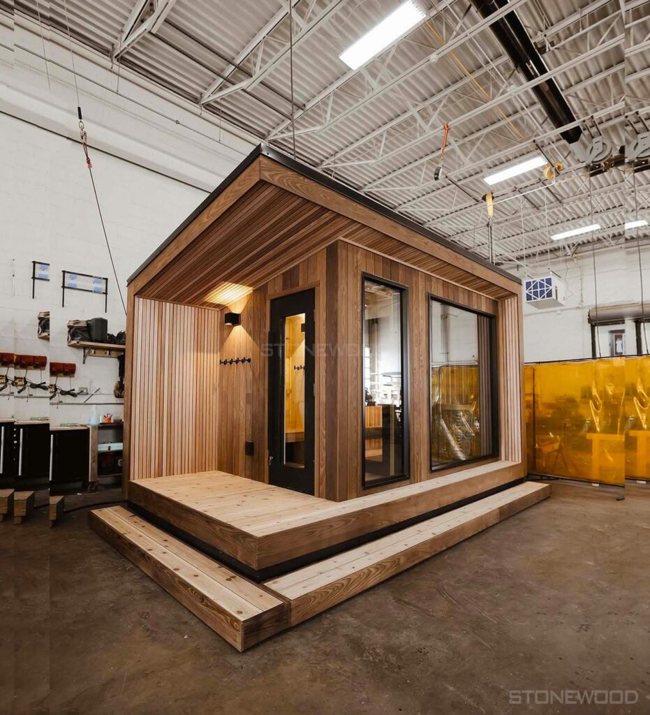 Ev Tipi Portatif Sauna – Stonewood Kuğu 12 m² – özel üretim özel üretim ahşap kapı