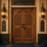Ceviz Renkli İslami Motifli Çift Kanatlı Cami Kapısı – özel üretim ahşap kapı detay görünümü 1