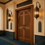 Ceviz Renkli İslami Motifli Çift Kanatlı Cami Kapısı – özel üretim ahşap kapı detay görünümü 2