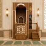 Kitaplıklı Modern Ahşap Cami Minberi – özel üretim ahşap raf detay görünümü 1