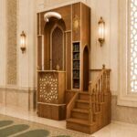 Kitaplıklı Modern Ahşap Cami Minberi – özel üretim ahşap raf detay görünümü 2