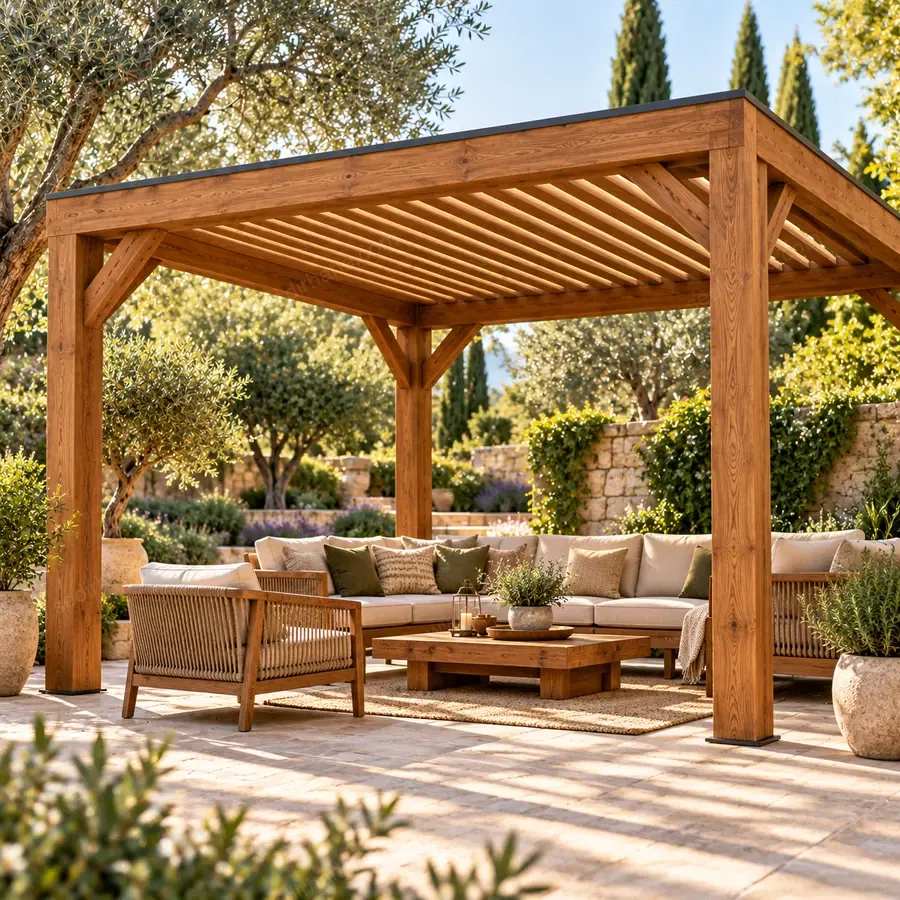 Sedirhane dış mekân ahşap pergola modeli; kolon ve üst gölgelendirme detayları